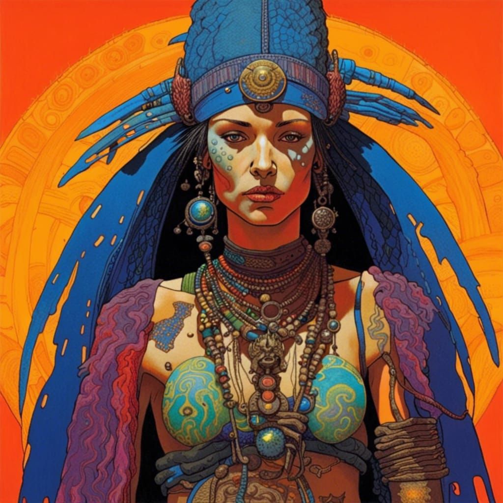 Punk Shaman Portrait in Ligne Claire Style