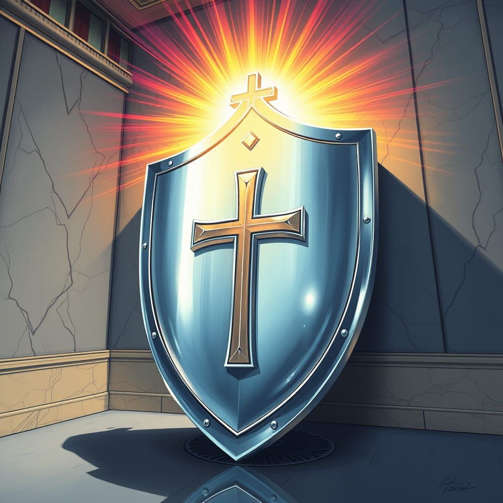 Radiant Silver Shield with Christian Cross Crest