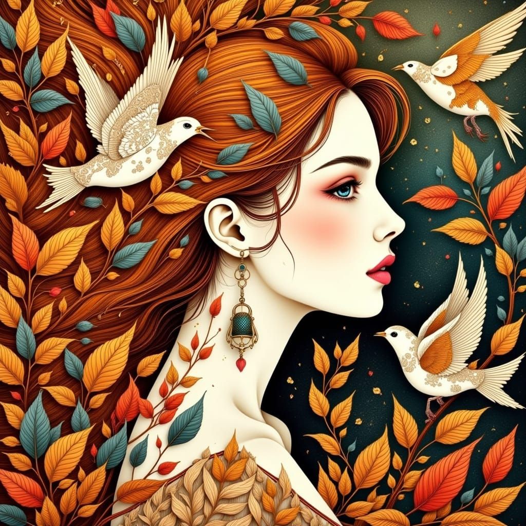 Ethereal Autumn Portrait with Interlocking Botanical Pattern...