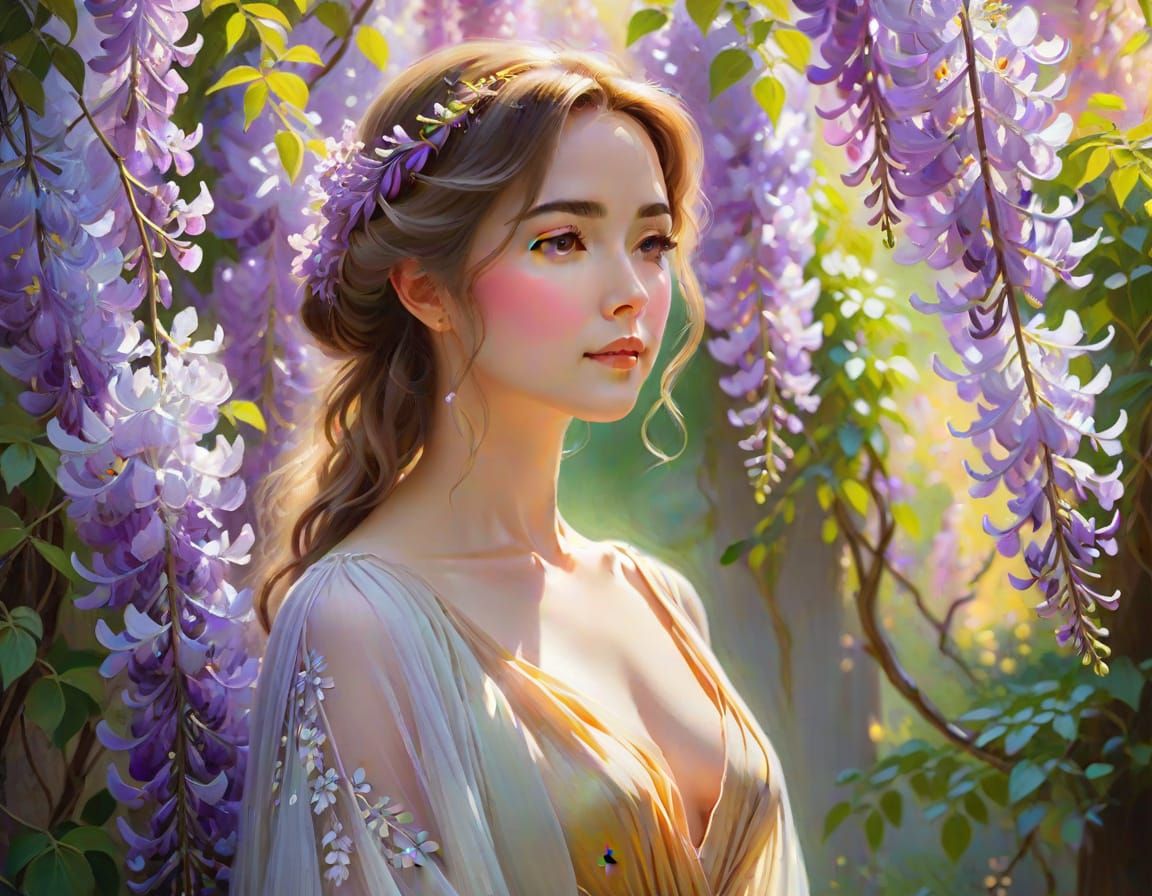 Woman in Wisteria Blossoms: Impressionist Painting