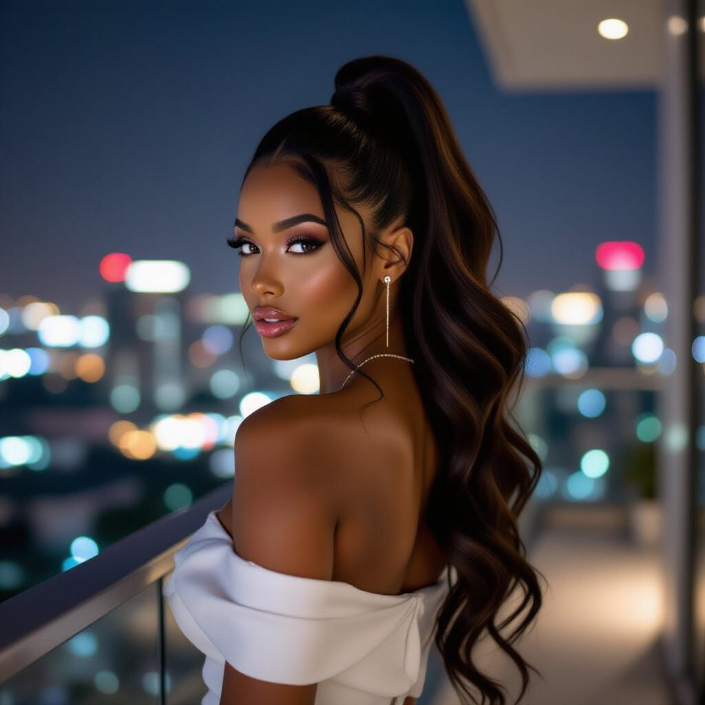 Beautiful Black Woman on Luxury Balcony at Night