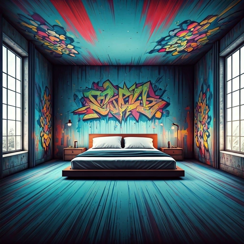 Azure Room with Colossal Bed in Graffiti Art Style