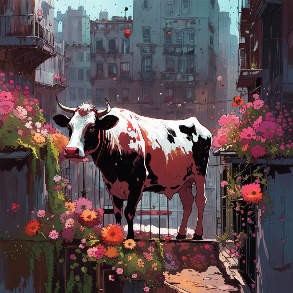 Cow of Flowers on Balcony in Ruined City