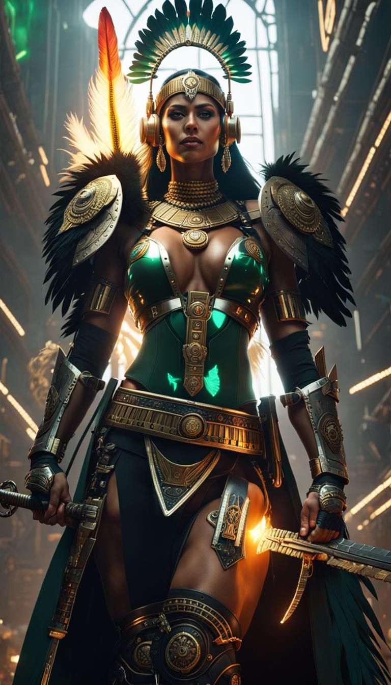 Aztec Warrior Woman with Flaming Sword in Cyberpunk Style