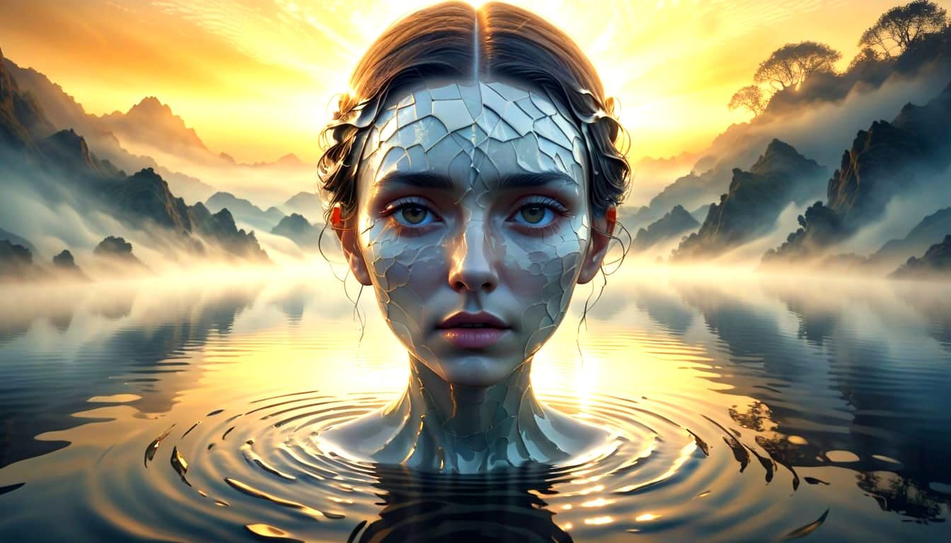 Surrealism in Golden Hour: A Cracked Porcelain Goddess Conte...