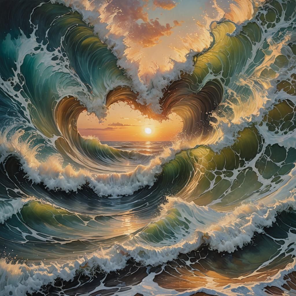 Ocean Waves Encircling Sunrise: Mixed-Media Photography