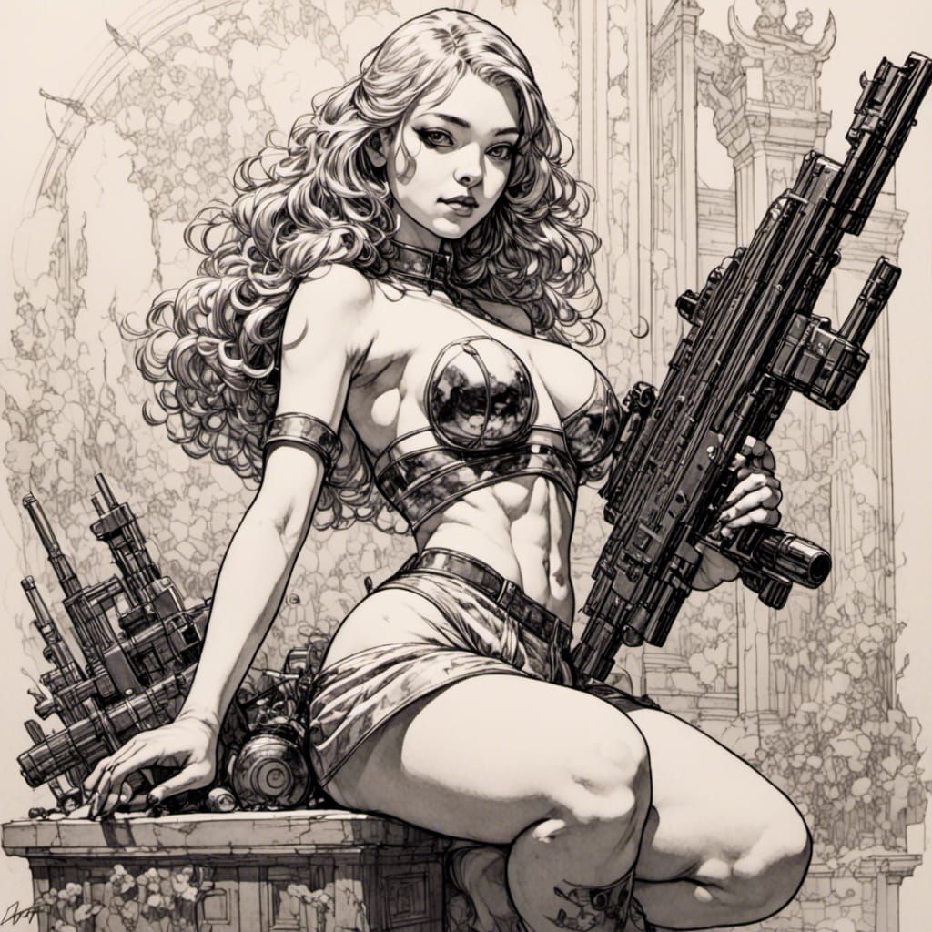 Pinup Girl with Assault Rifle in Simple Line Art