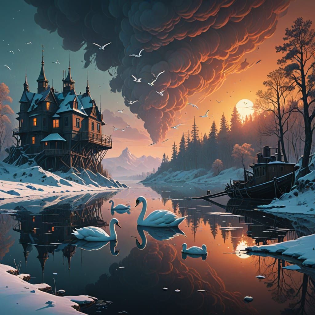 Serene Ocean Dreamscape with Majestic Swans