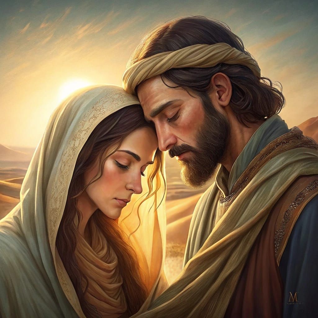 Mary and Joseph in Golden Middle Eastern Landscape