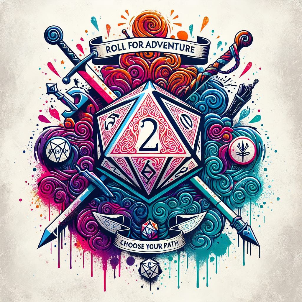 Mystical D20 Dice with Fantasy Graffiti Art