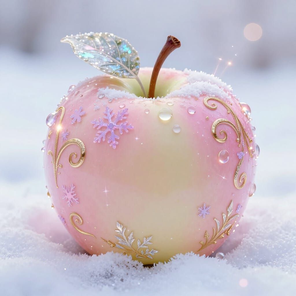Pastel Apple in Snow with Gold Swirls
