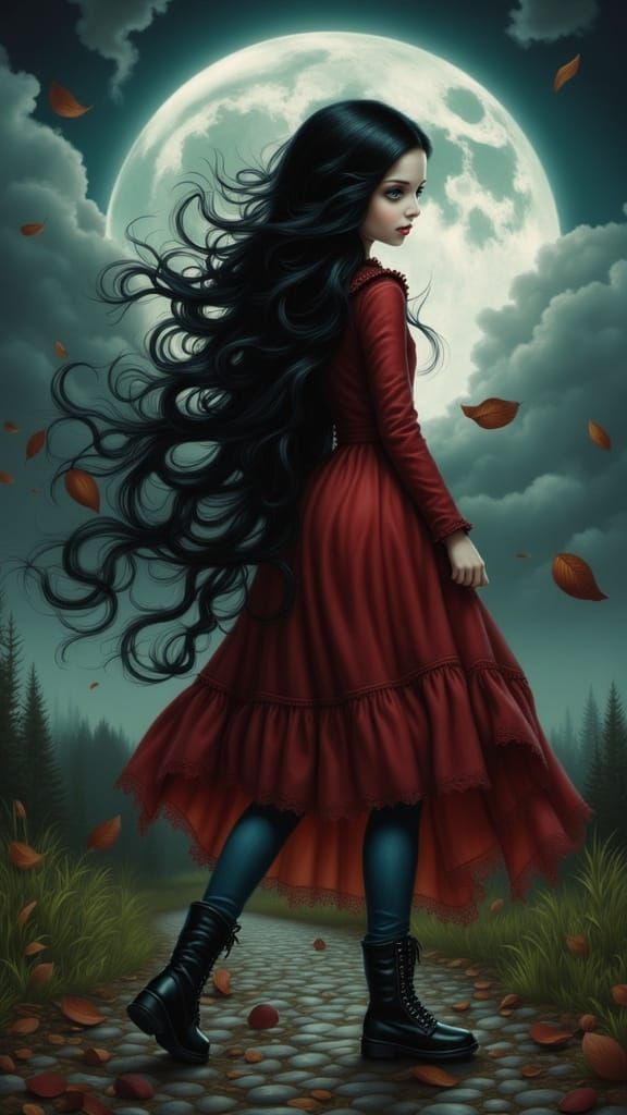 Mysterious Girl in Red Coat with Wild Hair and Full Moon