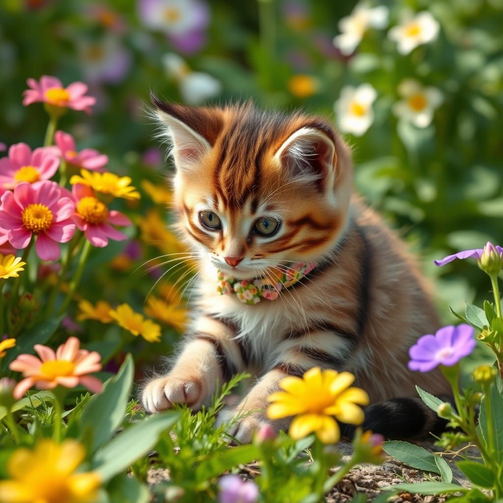 Tabby Kitten in a Whimsical Summer Garden
