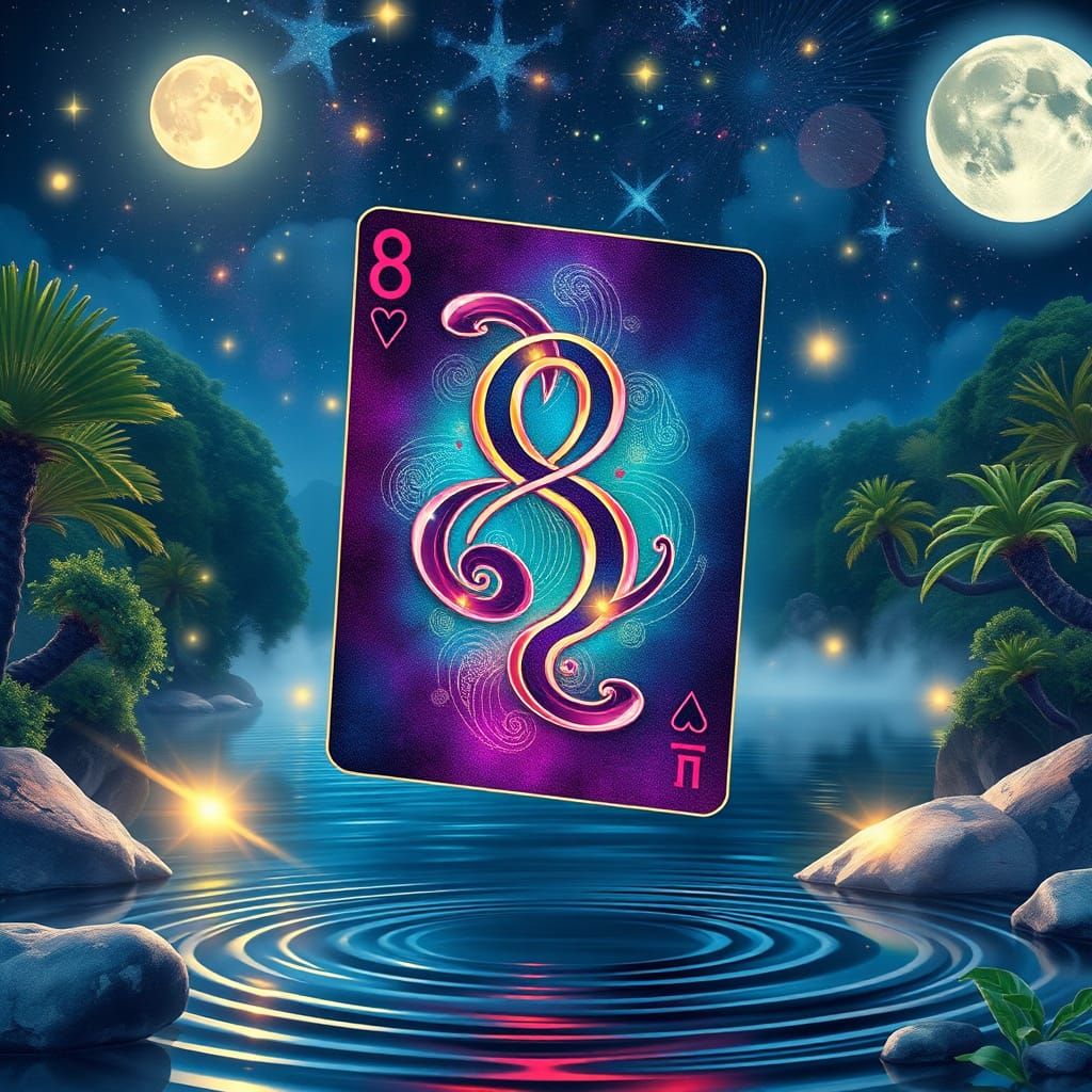 Floating 8 of Hearts Playing Card in a Dreamy River Scene
