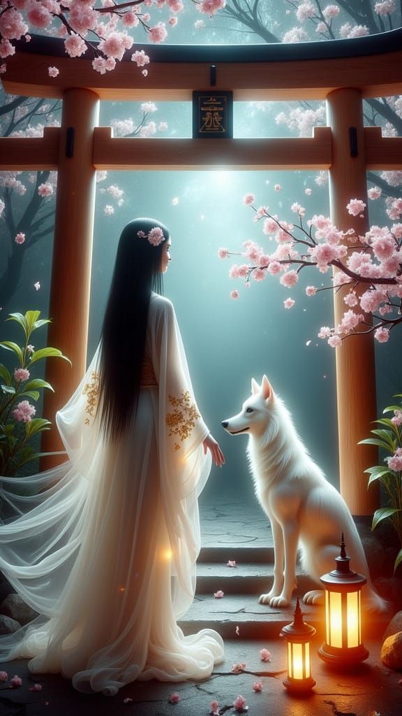 Mystical Goddess with White Wolf at Glowing Torii Gate in Ar...