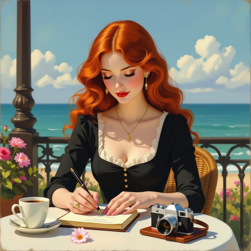 Romantic Oil Painting of Woman Journaling at Cafe