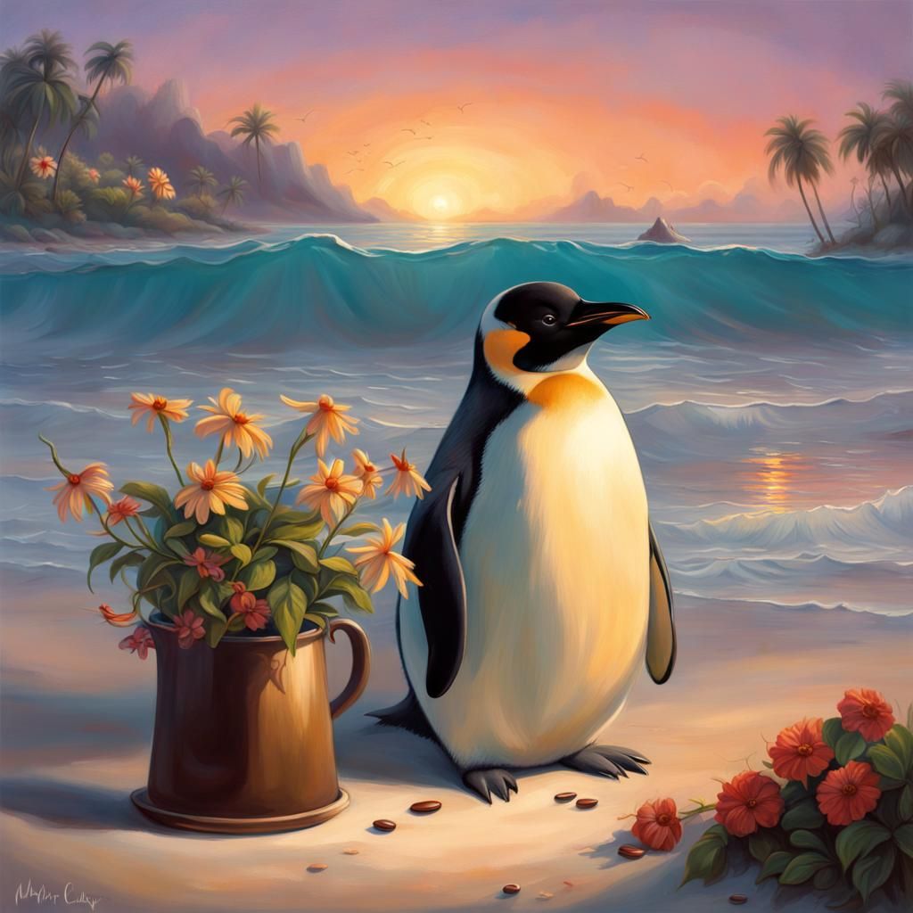 Penguin's Island Paradise: Elvgren-Style Beach Vacation