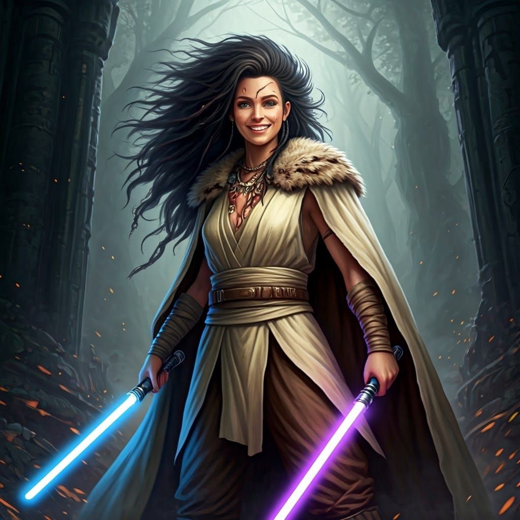 Digital Painting of a Confident Young Female Jedi in a Flowi...
