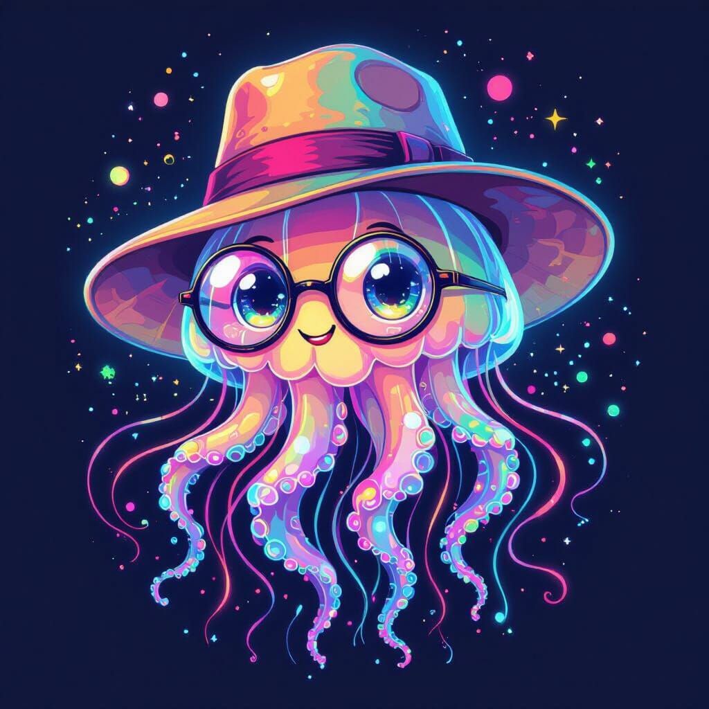 Vibrant Abstract Jellyfish with Glasses and Hat