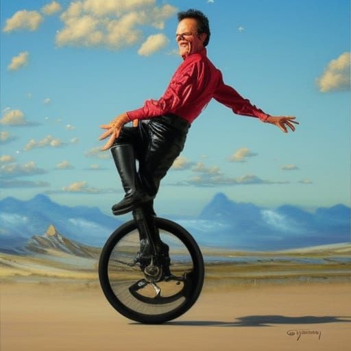Man Riding Unicycle: Oil Painting