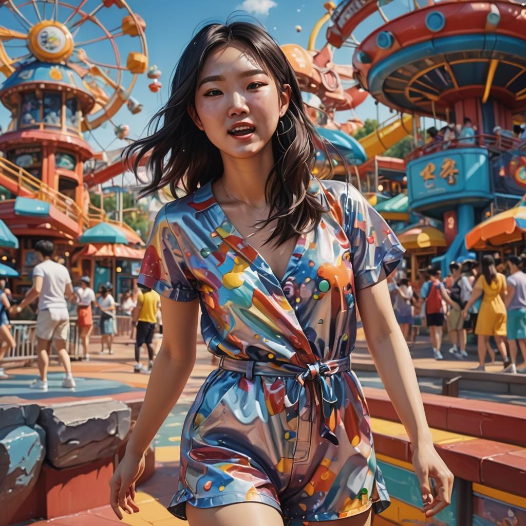 Korean Girl Exploring Theme Park: Hyperrealistic Splash Art