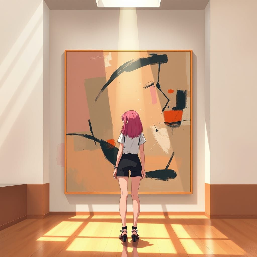 Anime Girl Contemplates Abstract Art in Gallery