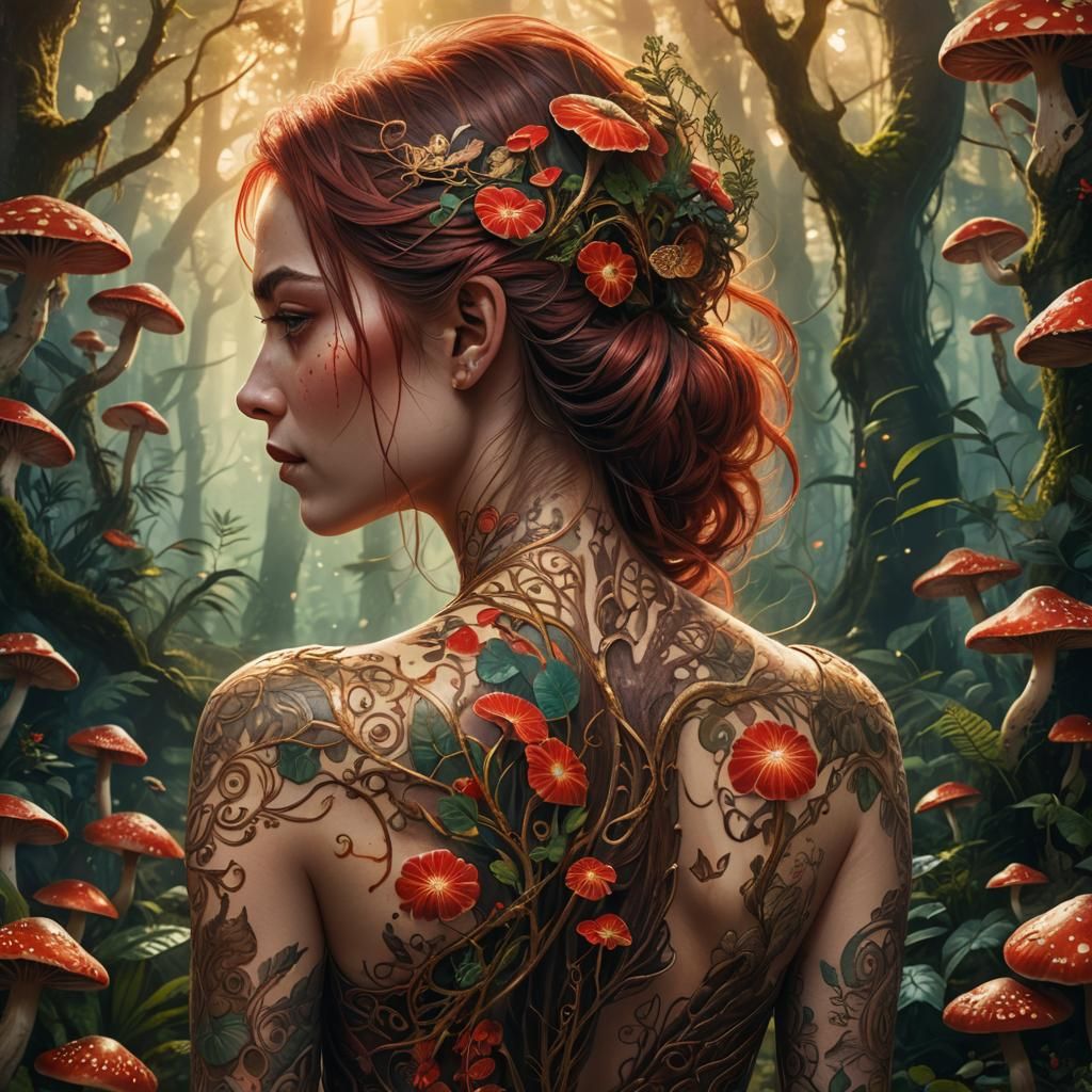 Red Tattoo in Mystical Forest, Art Nouveau