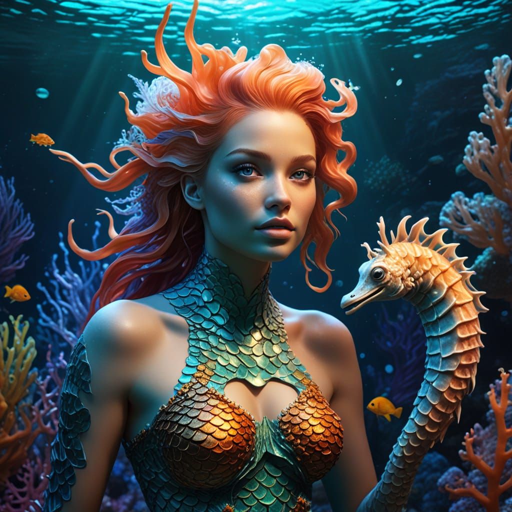 Underwater Seahorse Mermaid in Bioluminescent Coral Reef