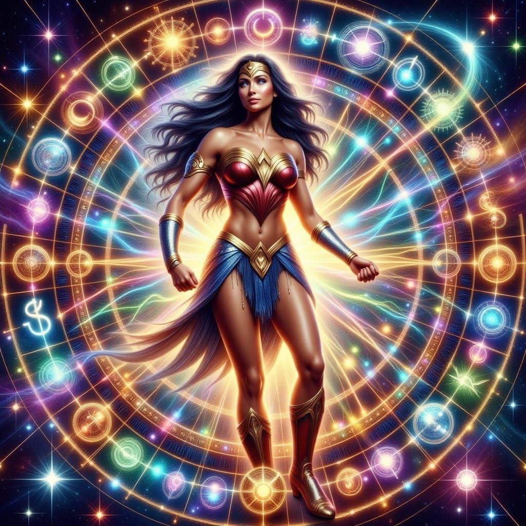 Wonder Woman Surrounded by Zodiac Aura in a Dreamlike Impast...
