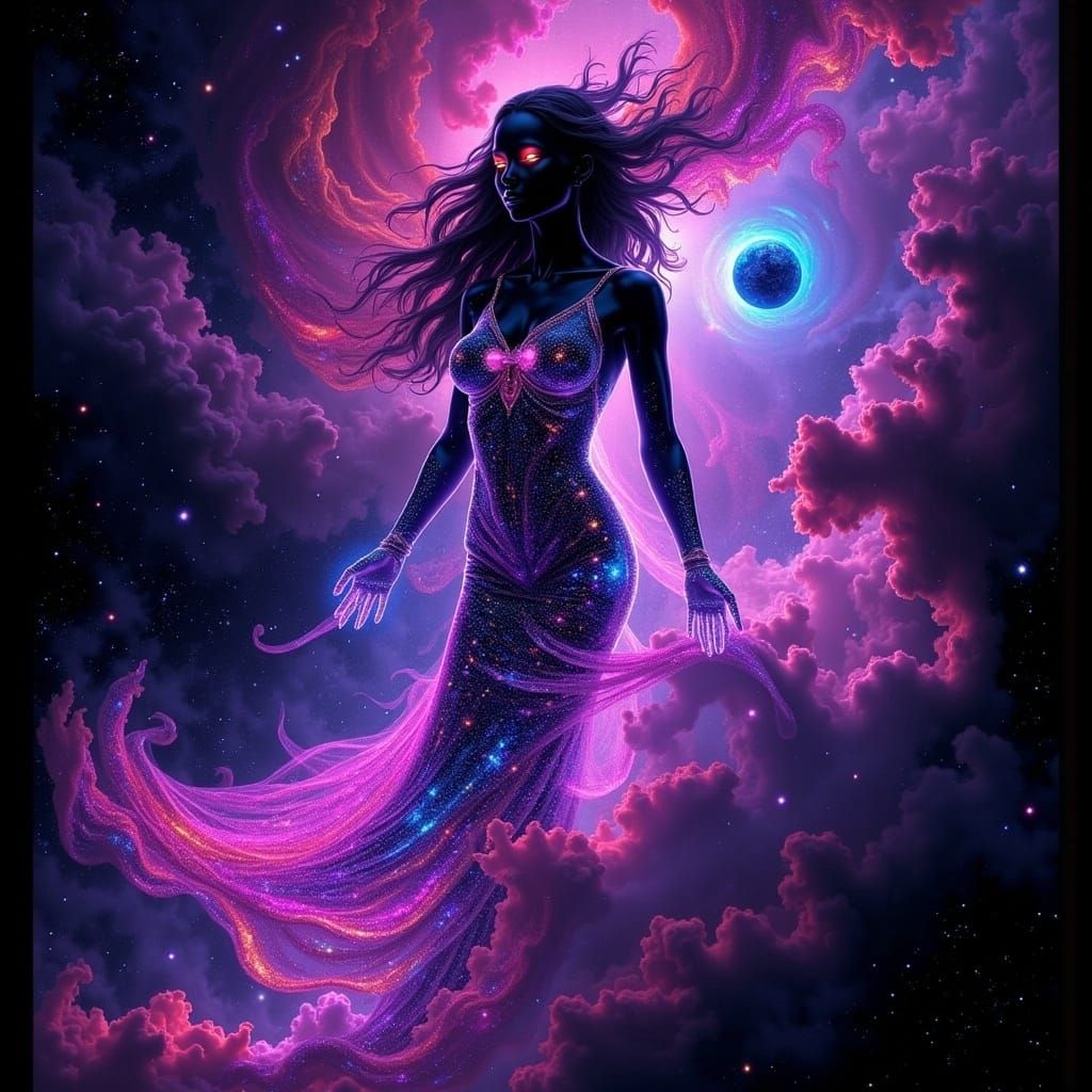 Ethereal Figure in Space with Neon Gown