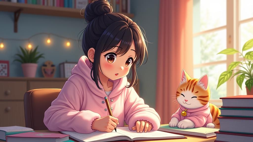 Cozy Girl Writing with Cat, Anime Style