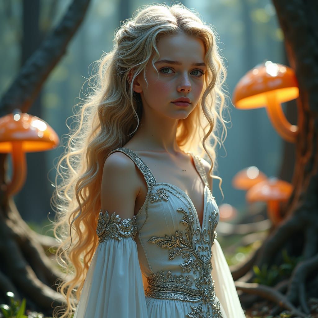 Girl in Silver Gown in Mystical Forest