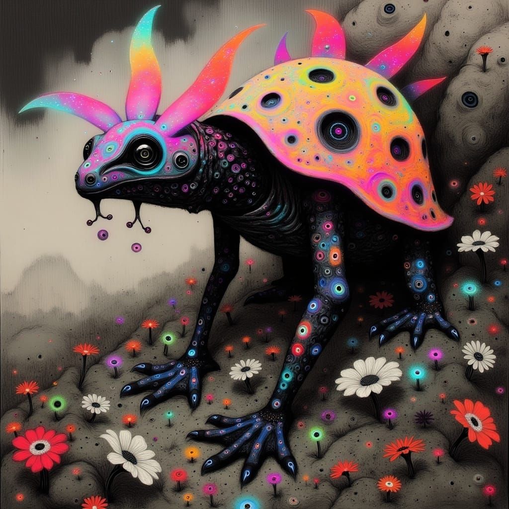 Surreal Turtle-Frog-Squid Creature in Graffiti Art