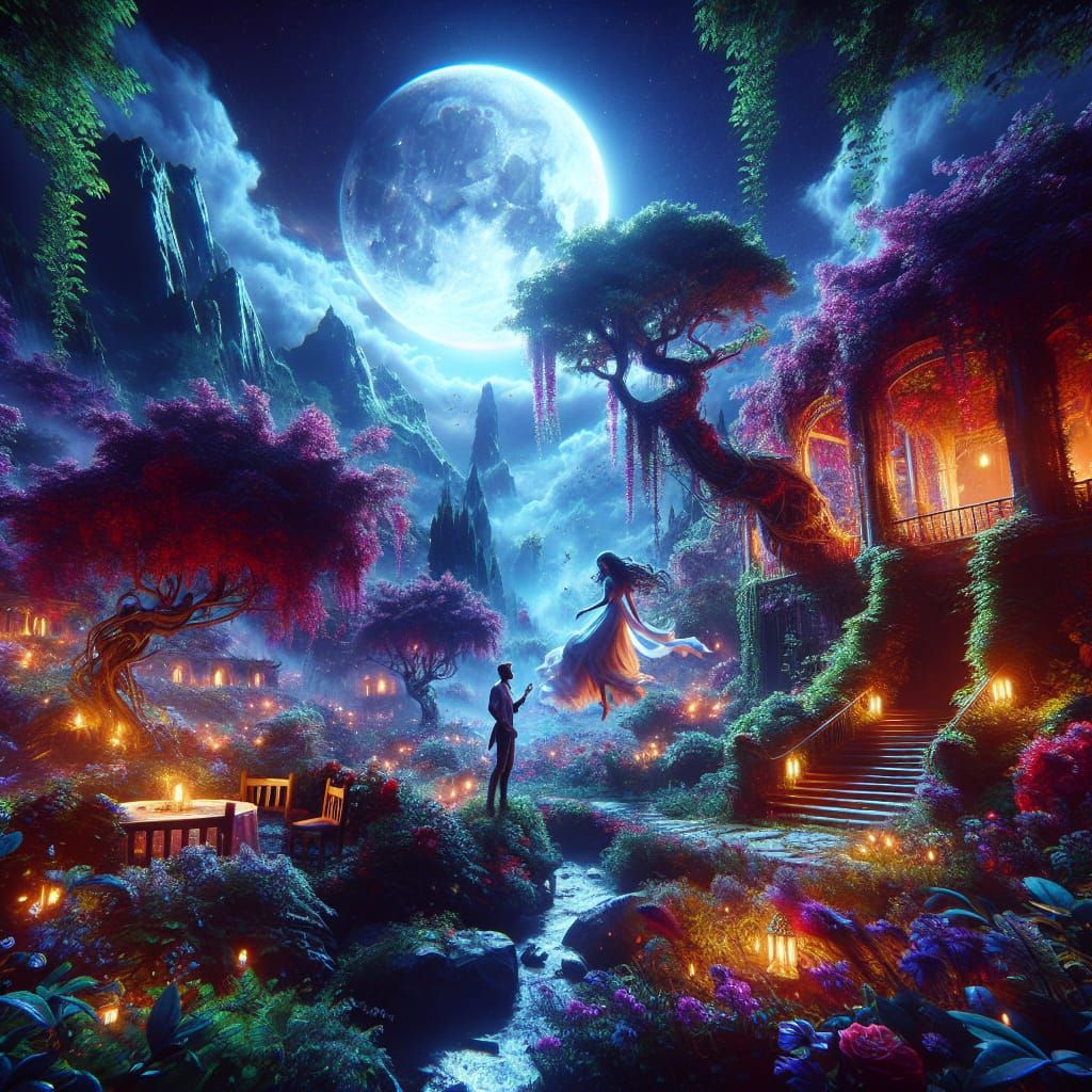 Fantasy Garden Romance: Love Strikes Under Moonlit Sky