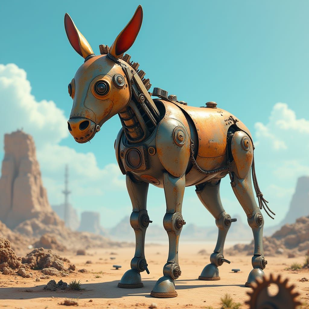 Futuristic Robotic Donkey in Rustic Post-Industrial Scene