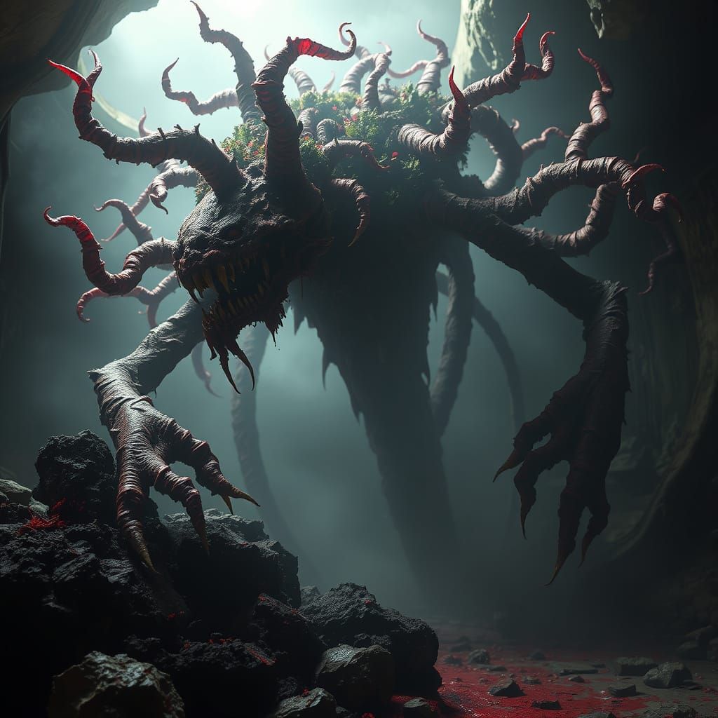 Dark, Twisted Lichen Demon with Crimson Tendrils and Gaping ...