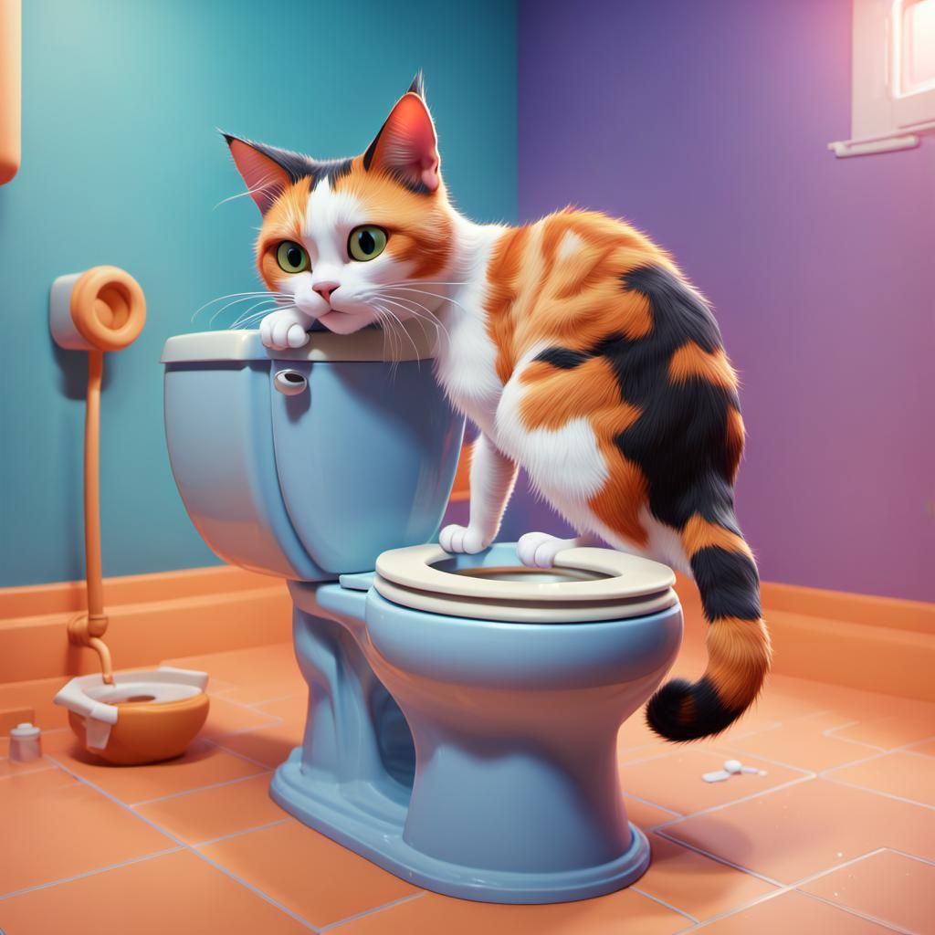 Calico Cat's Unconventional Drink: 3D Digital Art