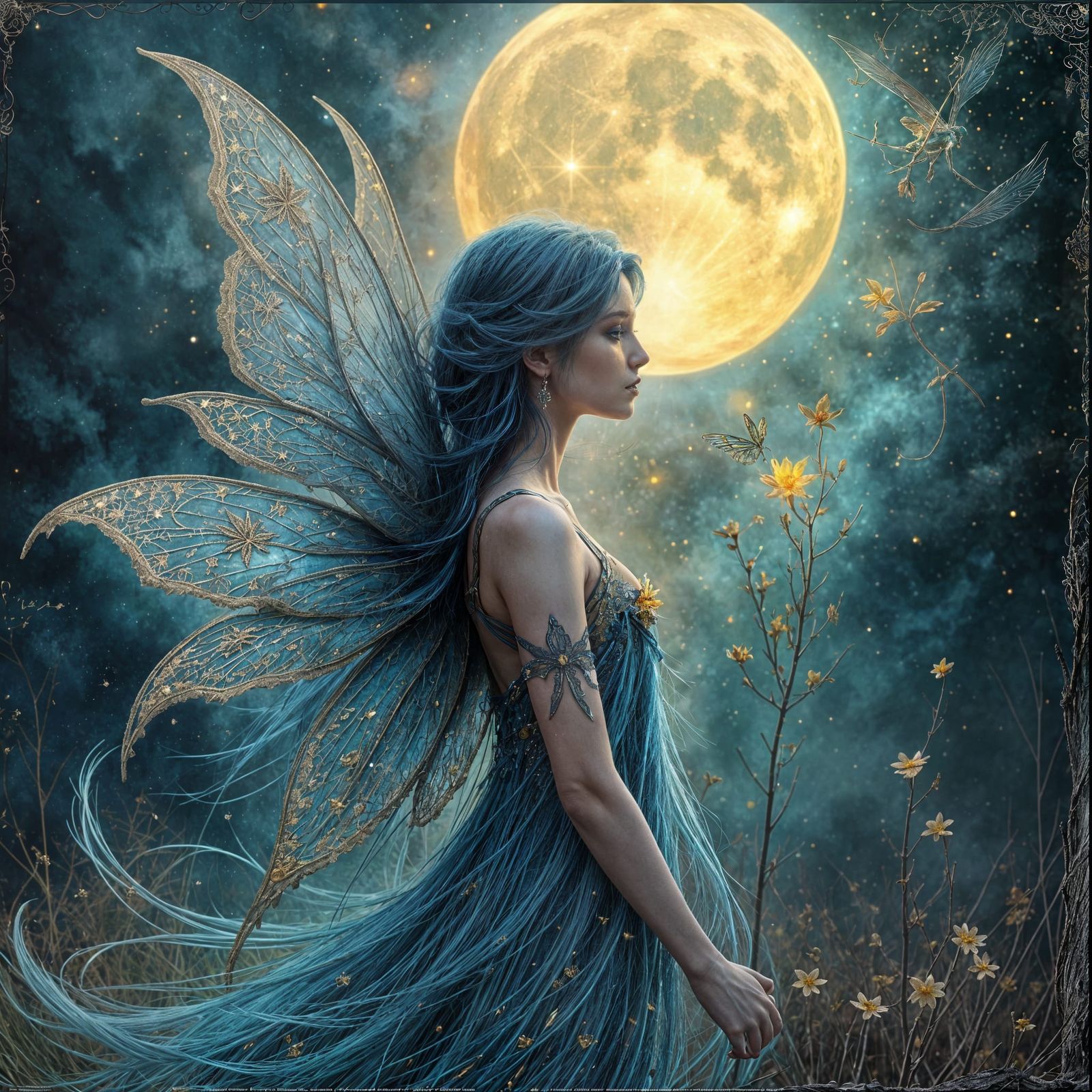 Blue Haired Fairy Under Yellow Moon Painting