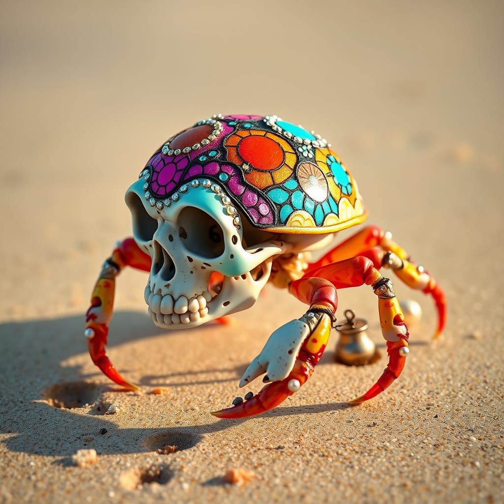 Psychedelic Hermit Crab with Skull Shell on Beach