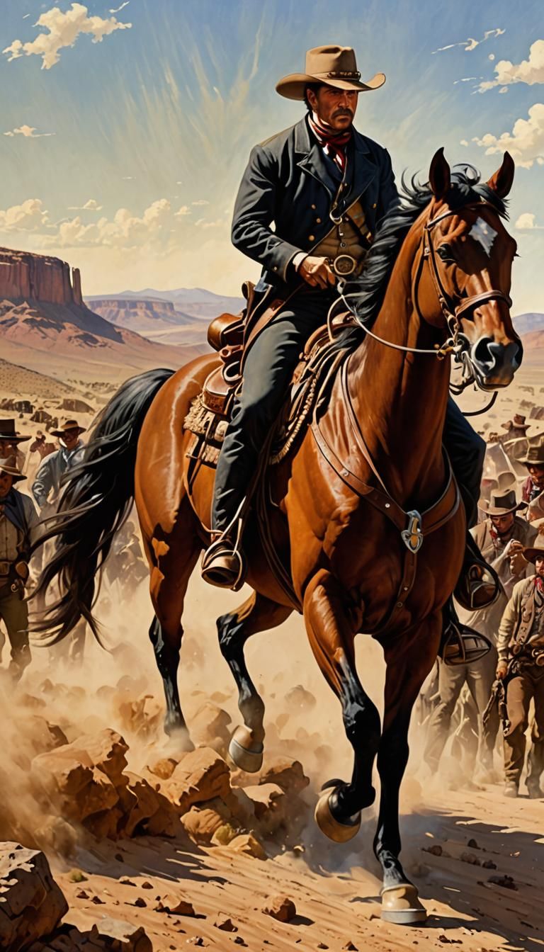 Intense Outlaw Duels on Horseback in Comic Art Style