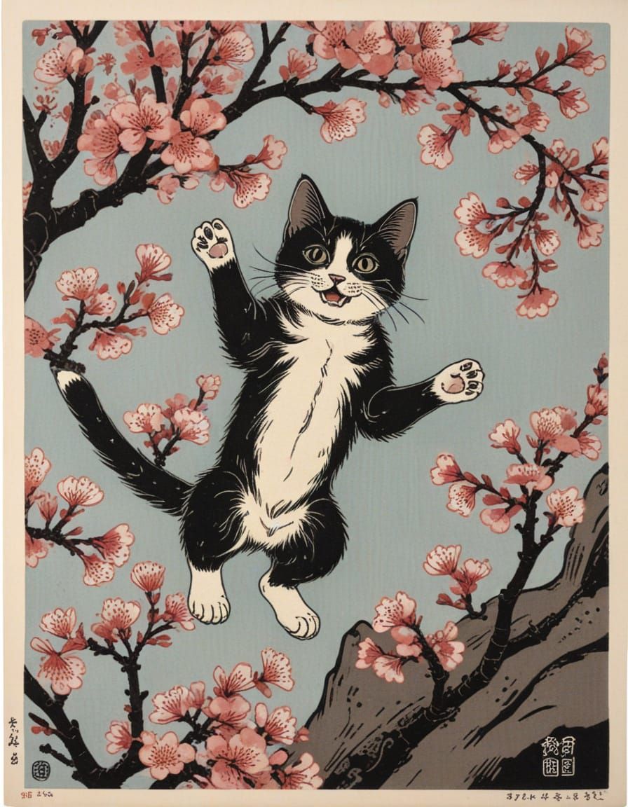 Kitten playing in sakura blossom, Hishikawa Moronobu