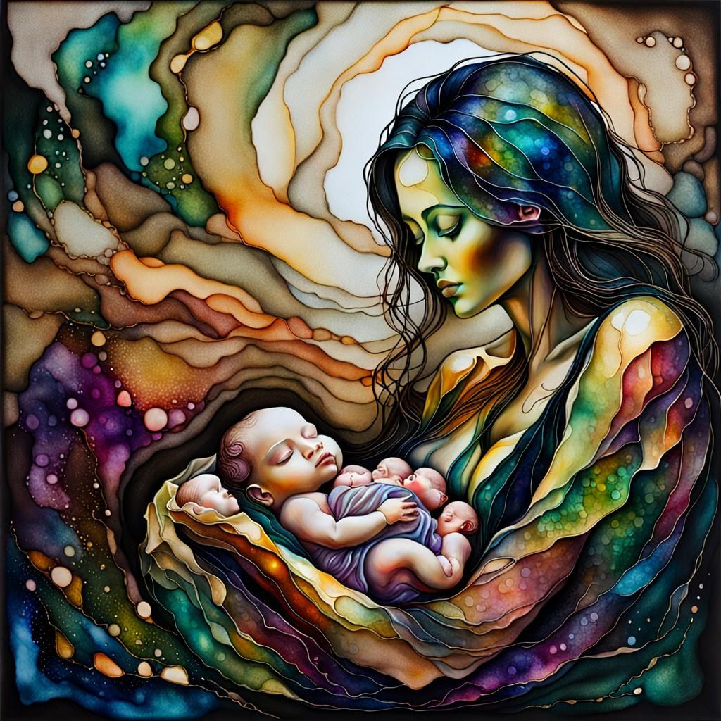 Mother and Newborn in Alcohol Ink Art