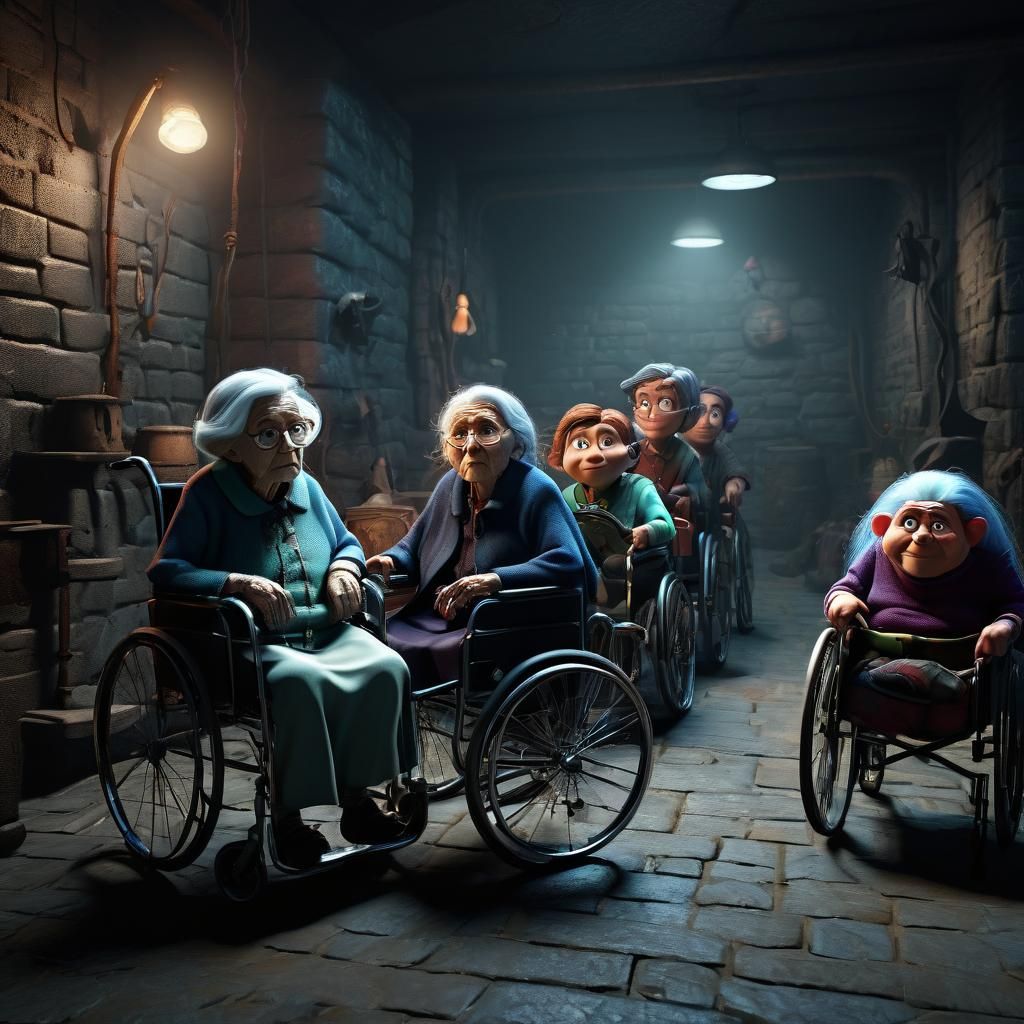 Dark Basement Scene with Wheelchairs, Pixar-Style