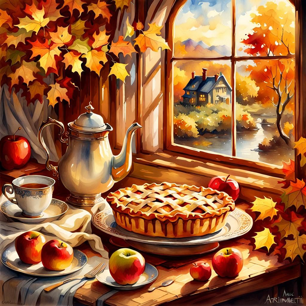Mesmerizing Apple Pie in Watercolour Autumn Scene