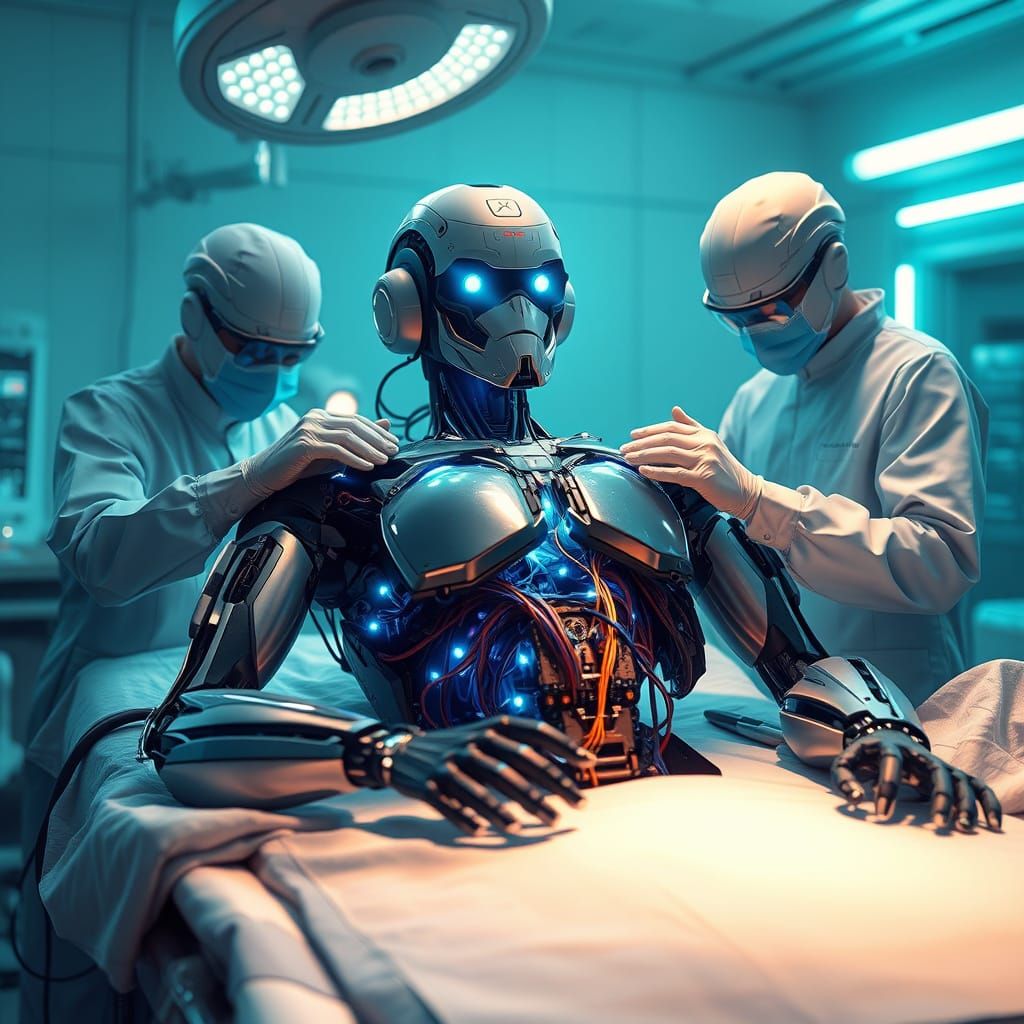 Futuristic Surgery on Humanoid Robot in Neon Light