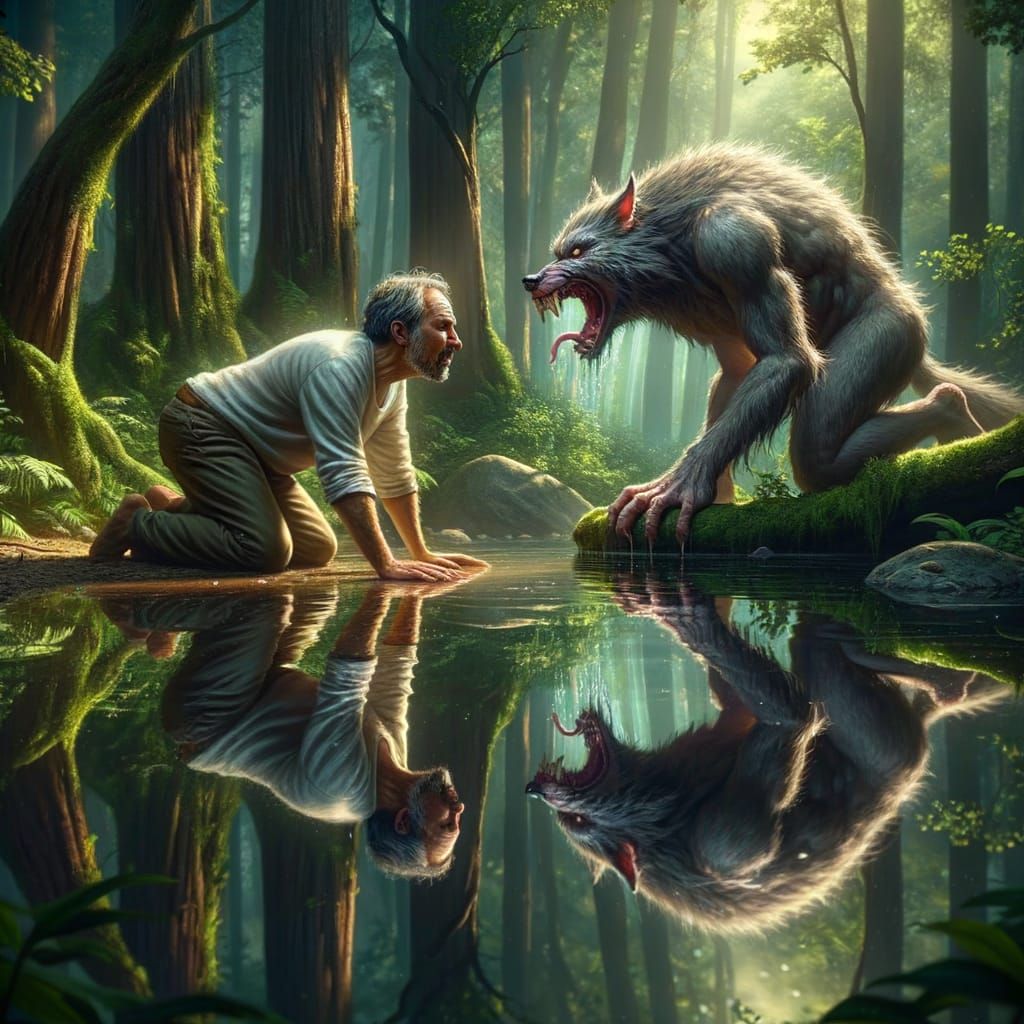 Werewolf Reflection in Forest Pool, Fantasy Art