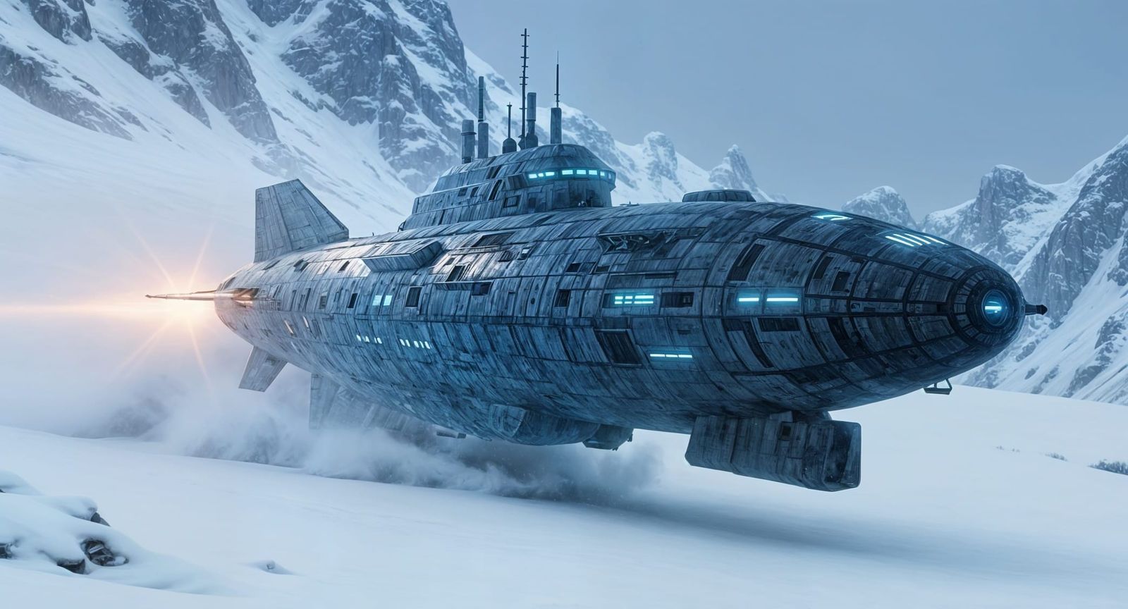 Alien Spaceship Speeds Through Snowy Alpine Valley