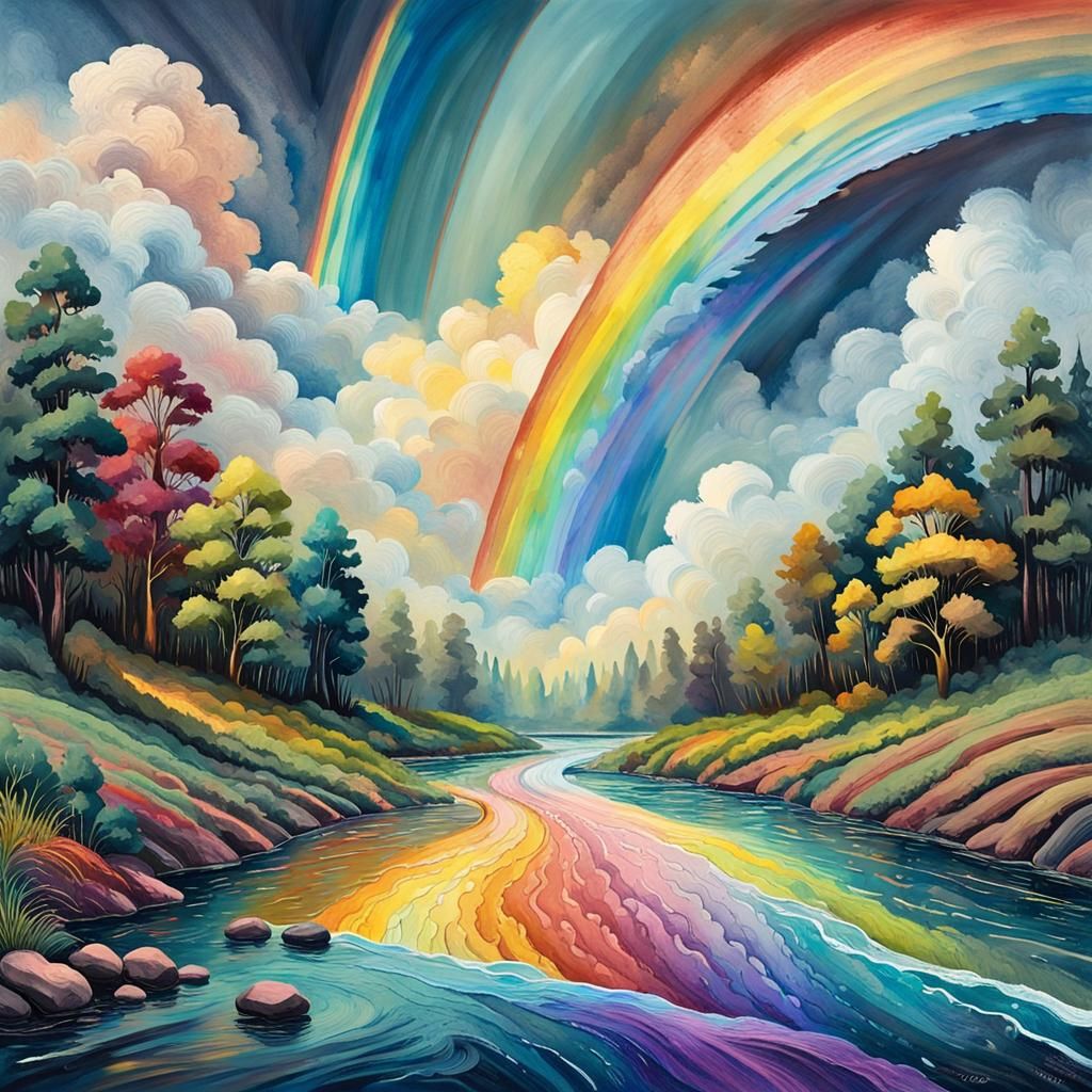 Rainbow River in the Sky: A Neo-Pop Gouache Masterpiece