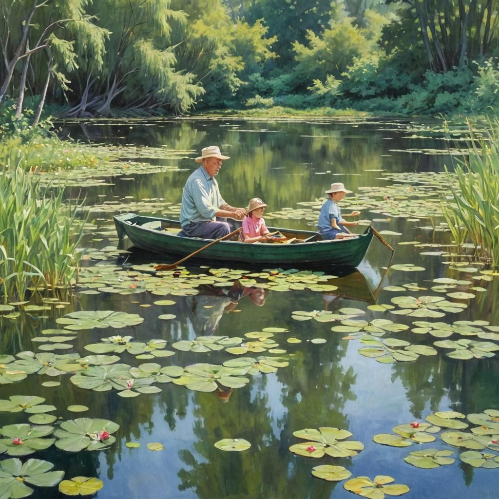 Impressionistic Family Fishing Scene in Gouache