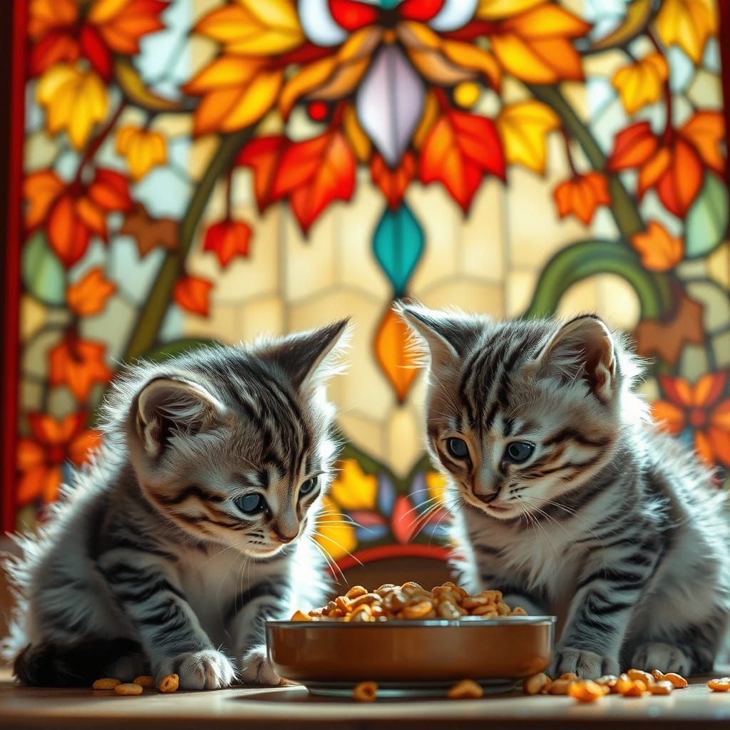 Two Grey Tabby Kittens Eat Before Autumn Stained Glass